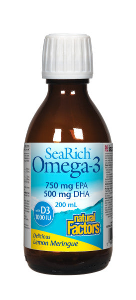 Natural Factors Expires April 2023 Clearance SeaRich Omega-3 With Vitamin D3 750mg EPA / 500mg DHA Lemon Meringue 200mL Liquid